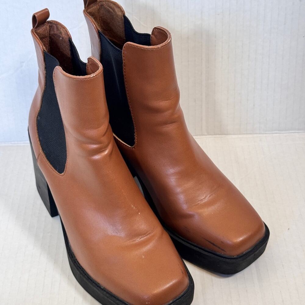 Mia Chunky Tan Faux Leather Ankle Boots Womens 8 Fall Platform Y2K Booties - Picture 8 of 10